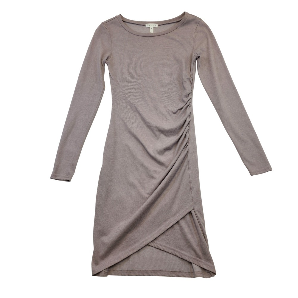 Leith XS Taupe Brown Ruched Asymmetrical Midi Dress Casual Minimalist XS Mauve - Picture 1 of 11